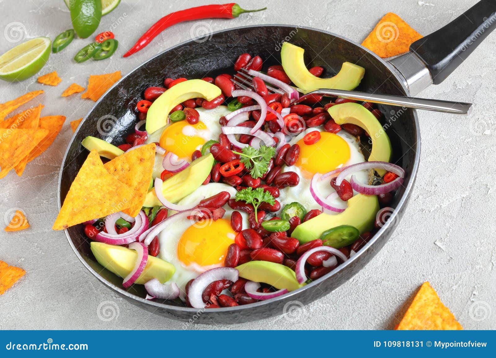 Mexican Breakfast with Fried Egg, Red Bean Stock Image - Image of black