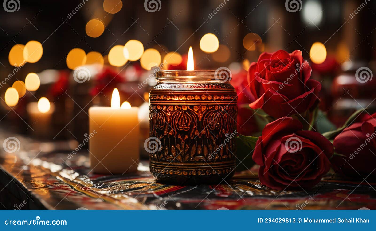 Mexican Catholic Altar Event with Candles and Flowers Defocused