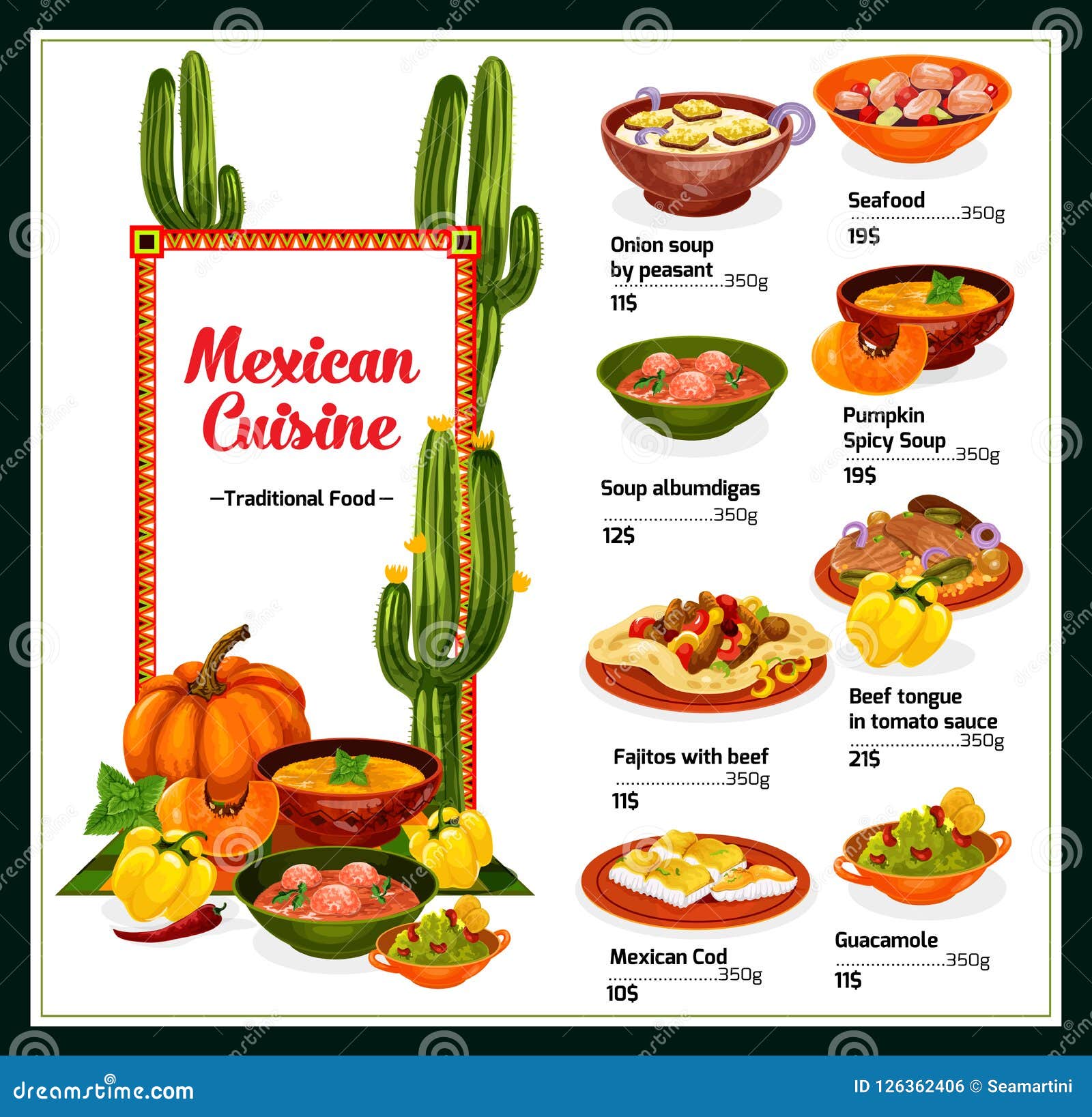 Mexican Cuisine Menu with Dishes of Mexico Stock Vector Illustration