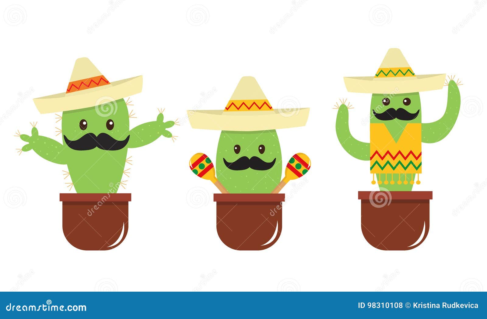 mexican cute cartoon cactus with a mustache and sombrero.