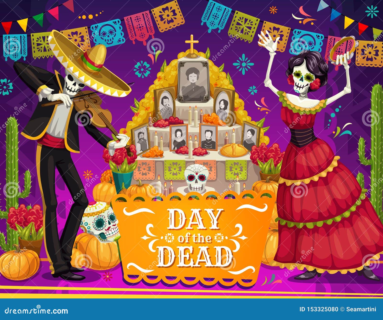 Mexican Day Of Dead Skeletons, Altar, Sugar Skulls Stock Vector