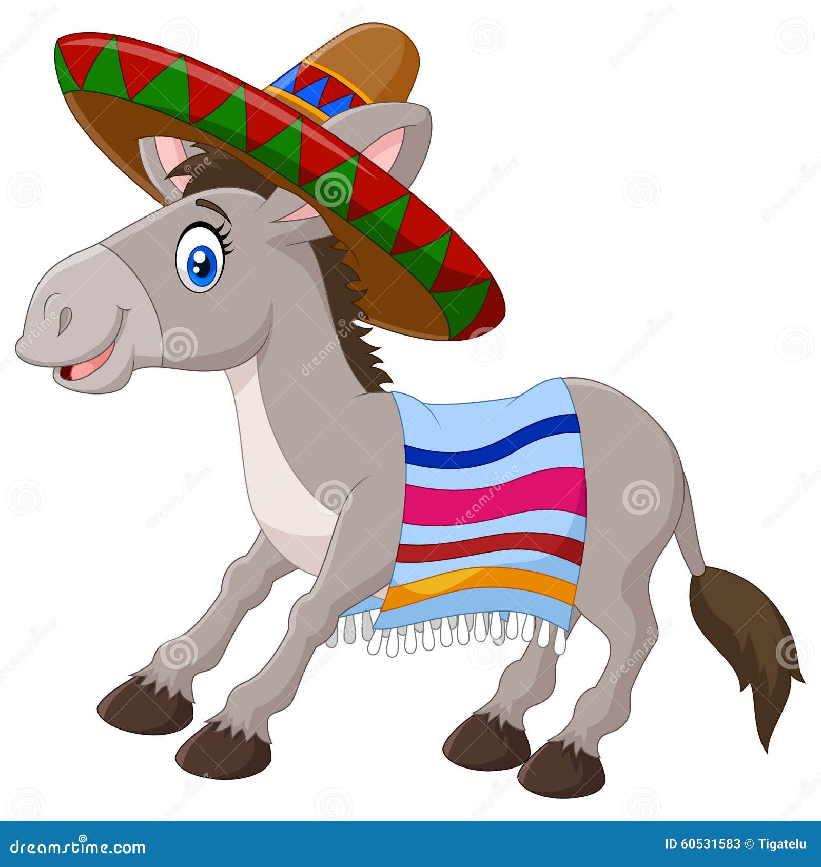 Mexican Donkey Wearing a Sombrero and a Colorful Blanket. Isolated on ...