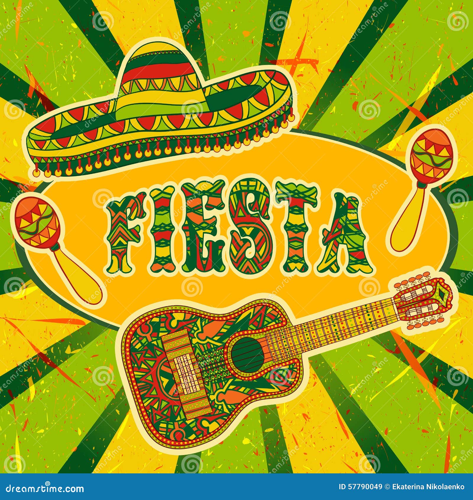 Mexican Fiesta Party Invitation With Maracas, Sombrero And Guitar. Hand