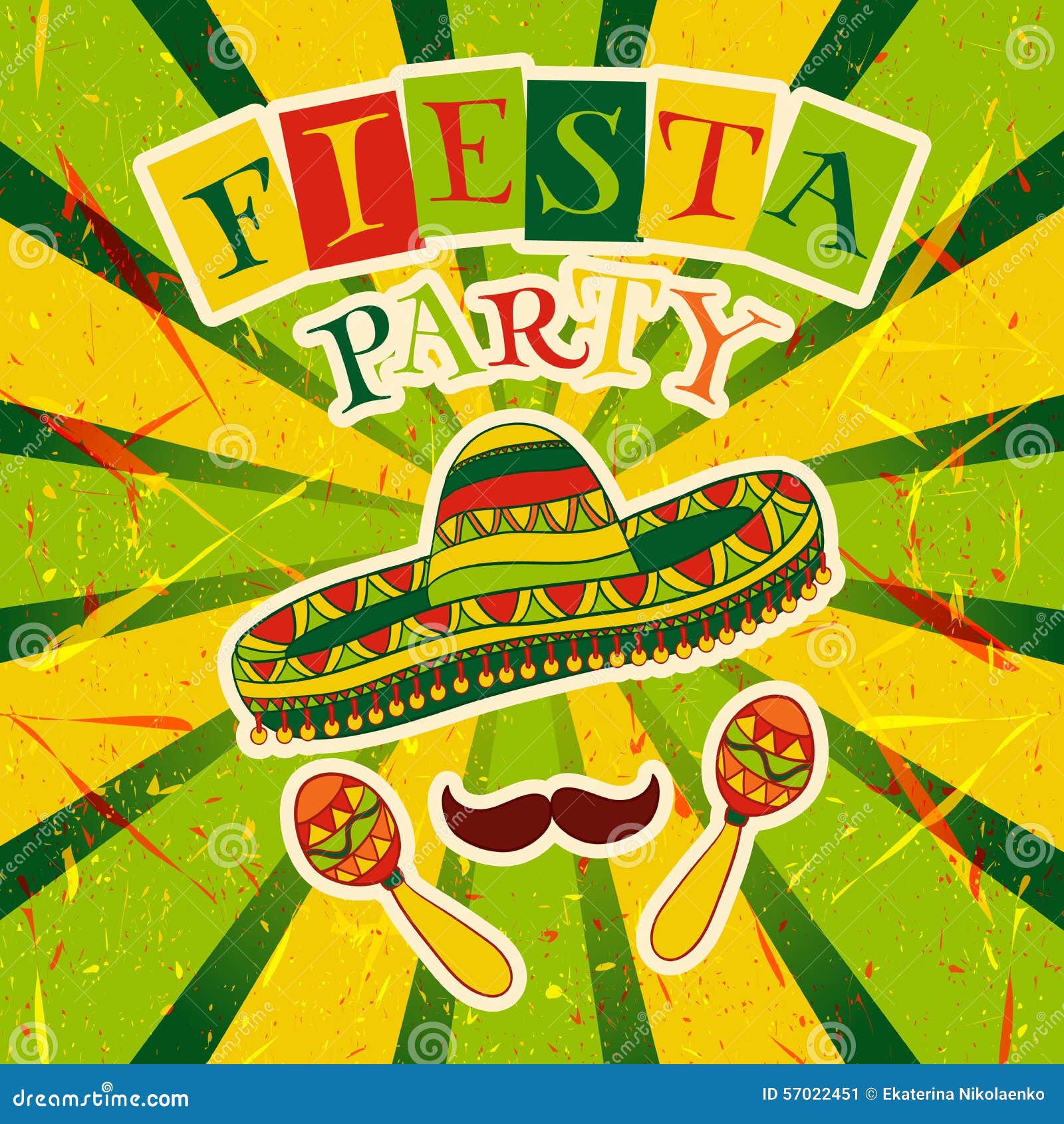 mexican fiesta party invitation with maracas, sombrero and mustache. hand drawn   poster