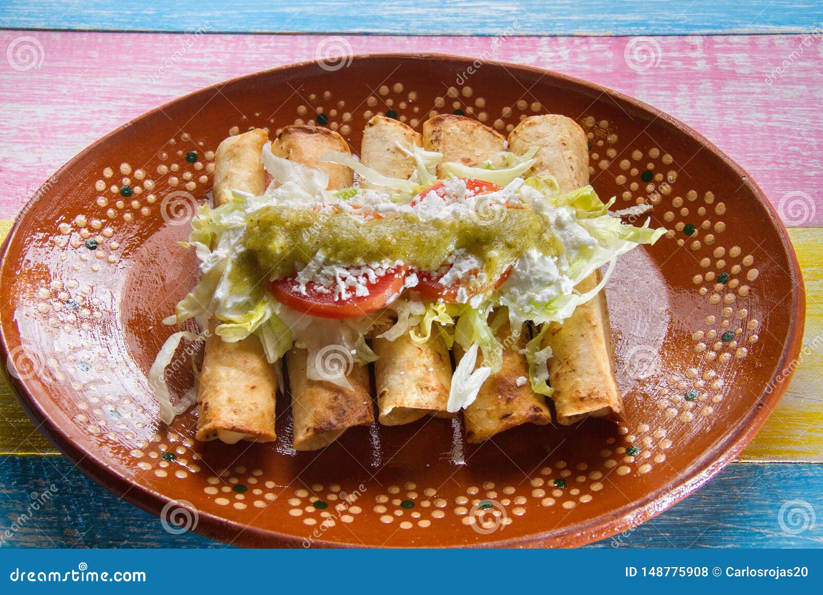 Mexican flautas stock photo. Image of pepper, meal, salad 148775908