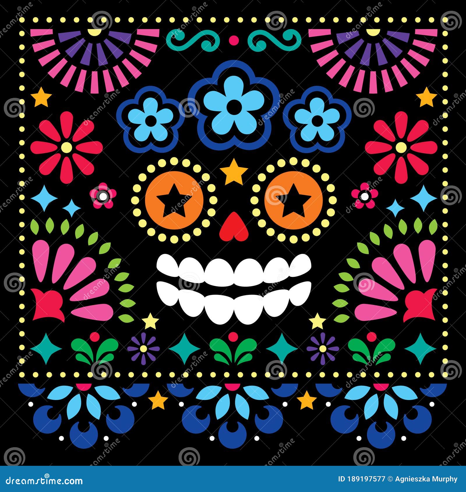 Mexican Folk Art Vector Folk Art Design with Sugar Skull and Flowers,  Halloween and Day of the Dead Colorful Pattern on Black Back Stock Vector -  Illustration of girly, cute: 189197577