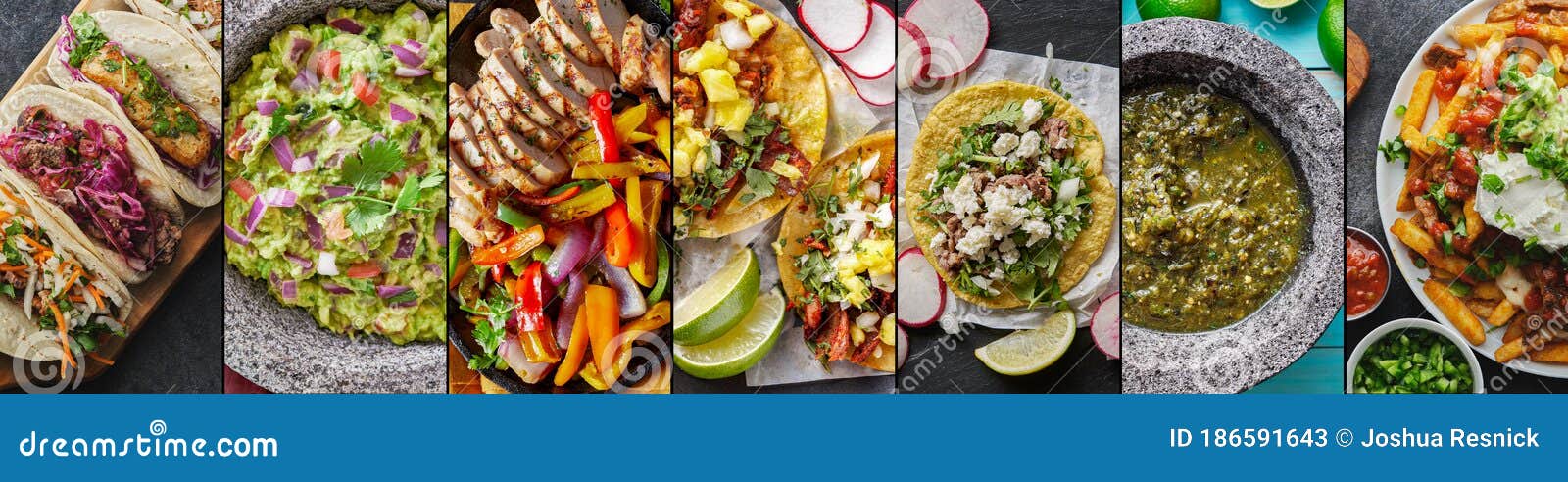 mexican food collage with tacos, carne asada fries and chicken fajitas