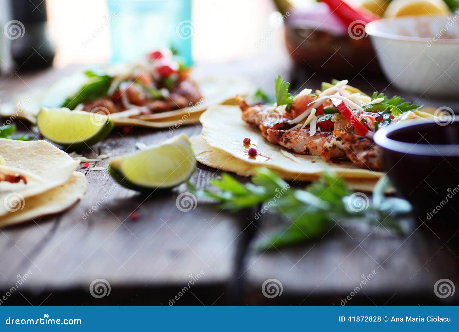 mexican food homemade tortillas tacos with pico de gallo grilled chicken and avocado