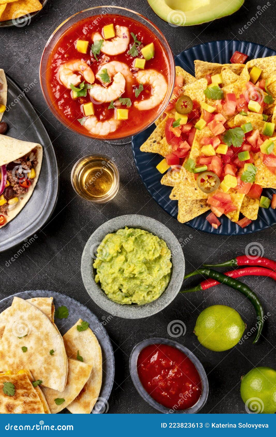 mexican food, many dishes of the cuisine of mexico, flatlay, top shot