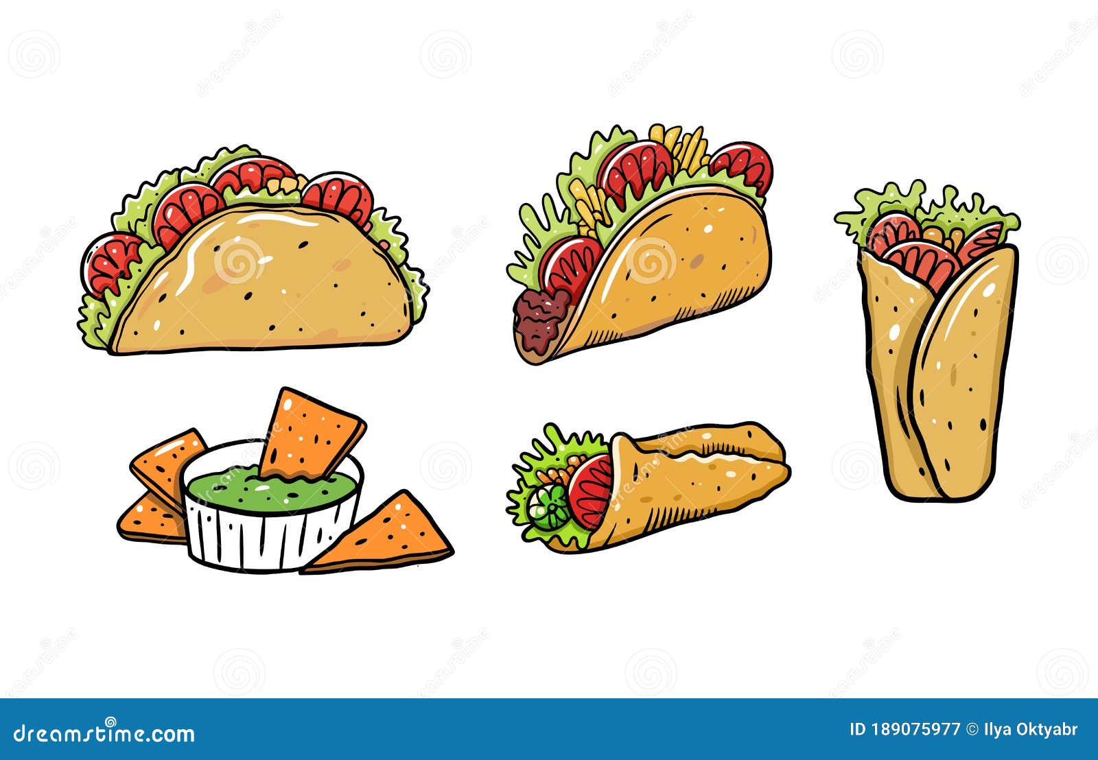 Mexican Food Set. Burrito, Taco and Nachos. Cartoon Vector Illustration.  Isolated on White Background Stock Vector - Illustration of chili, avocado:  189075977
