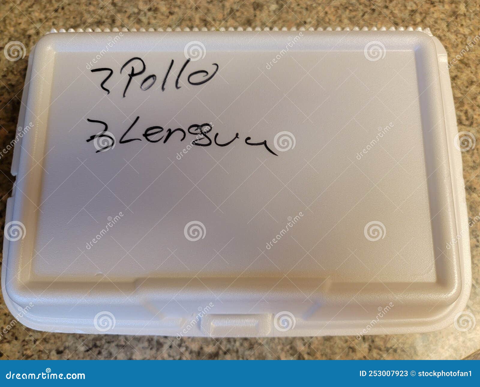 mexican food take out box saying 2 pollo chicken and 3 lengua tongue