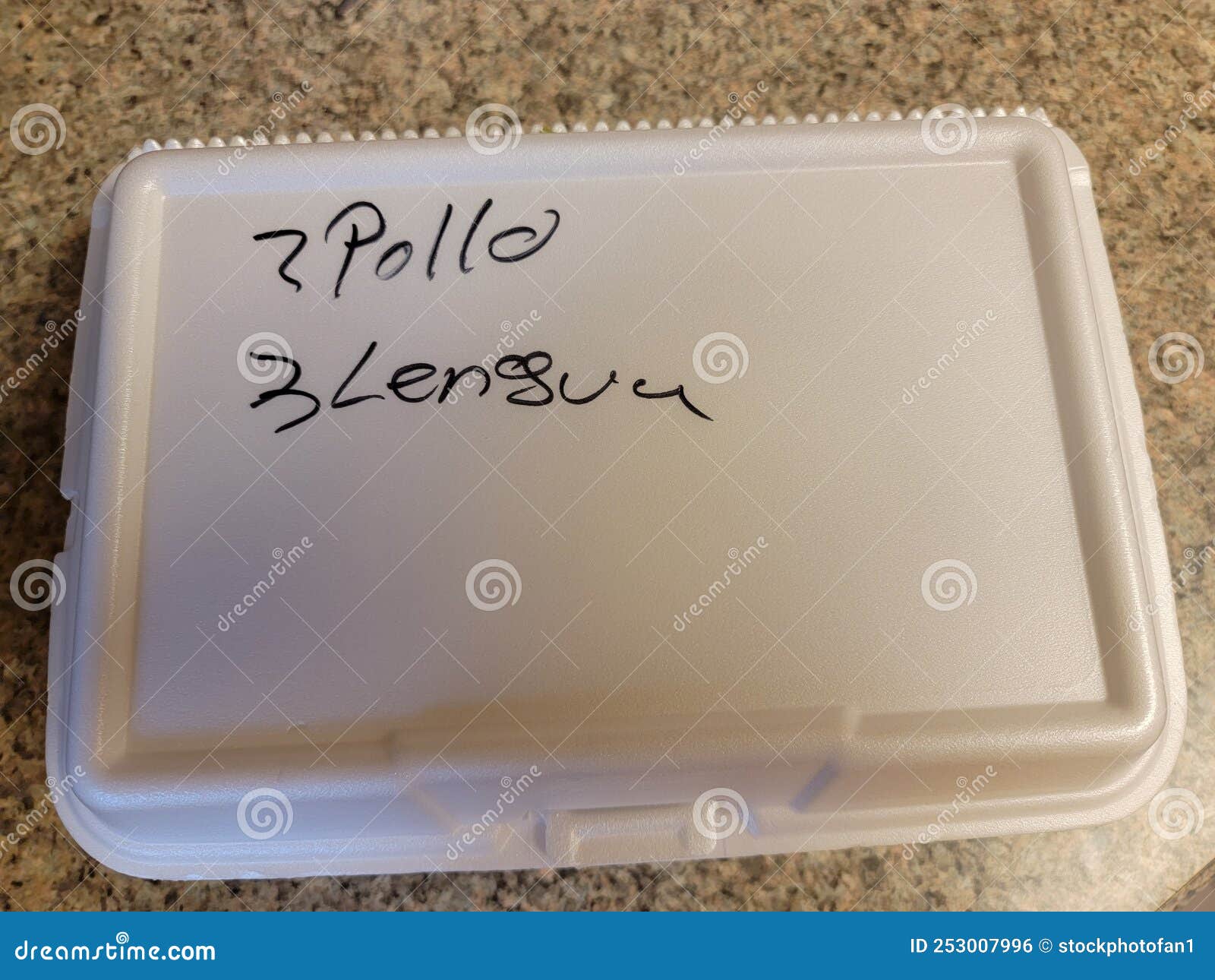 mexican food take out box saying 2 pollo chicken and 3 lengua tongue