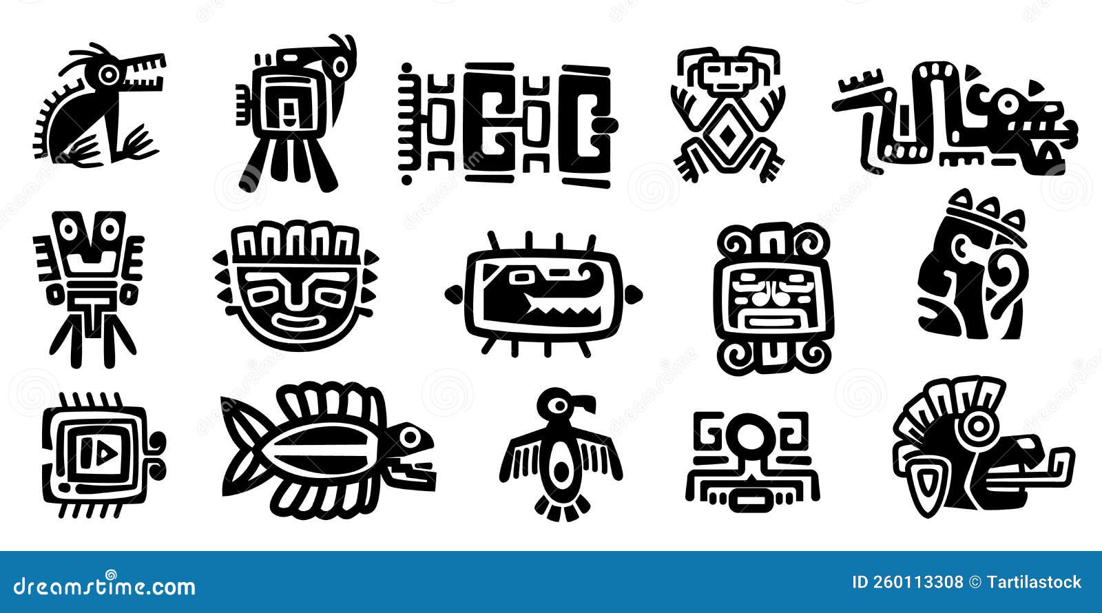 Mexican Gods Symbols. Abstract Aztec Animal Bird Totem Idols, Ancient ...