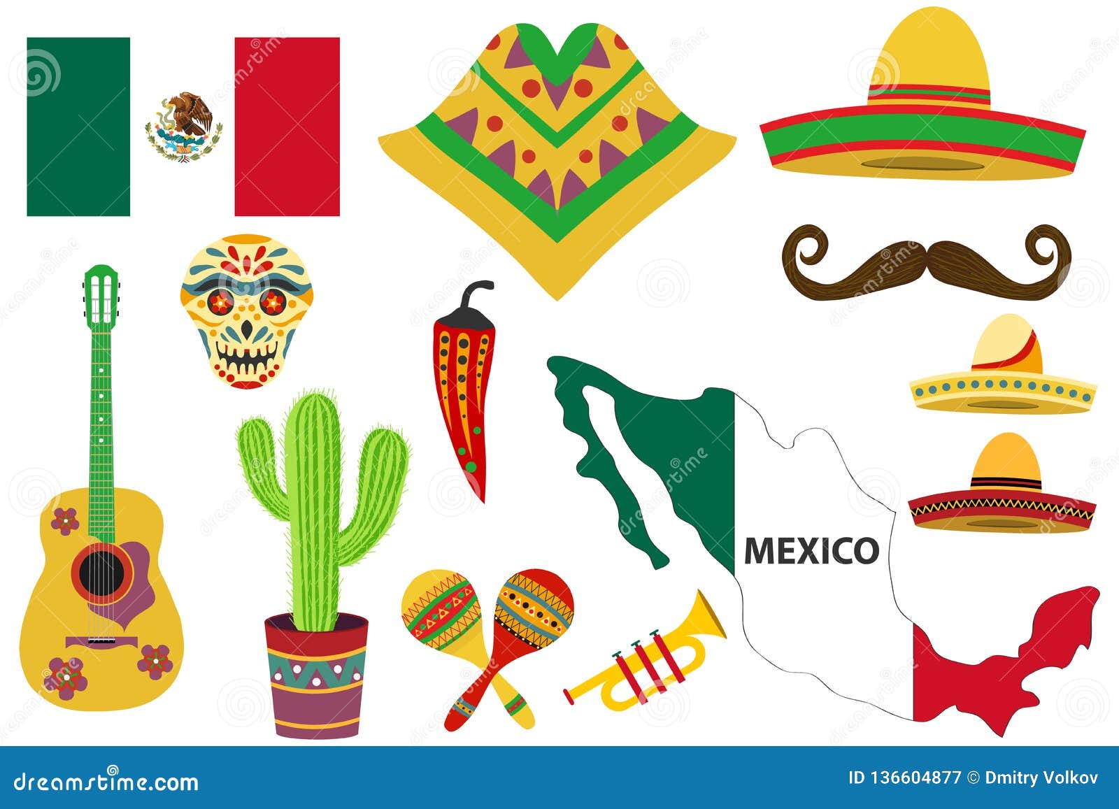 Mexican Holiday Day of Dead Set, Ethnic Music and Dance, Decorative Masks.  Stock Illustration - Illustration of dance, food: 136604877