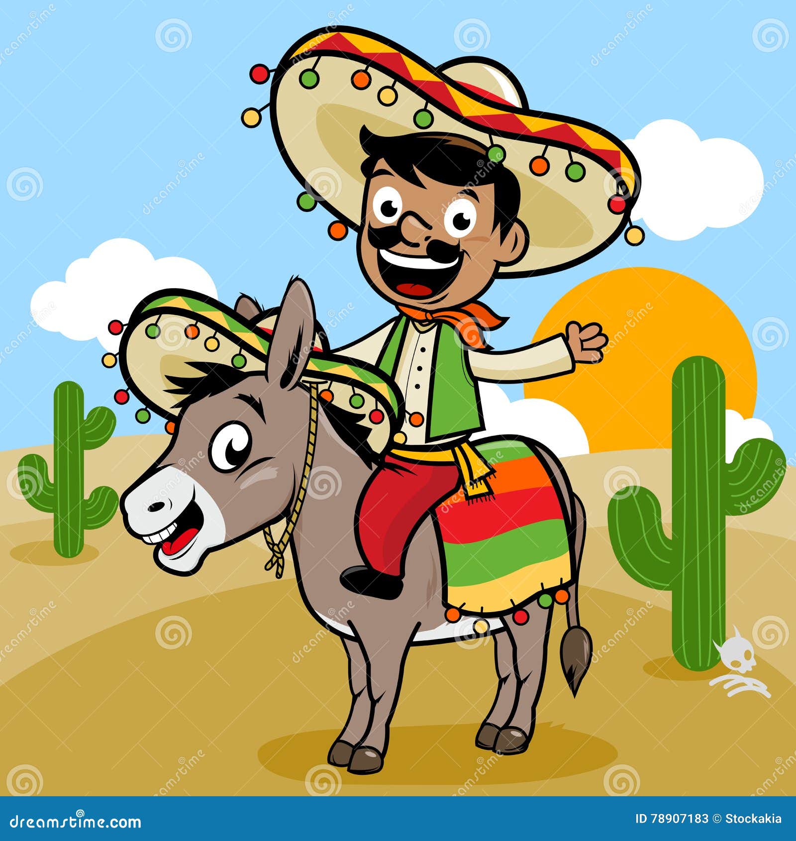 Mexican Man Riding a Donkey in the Desert. Vector Illustration Stock ...