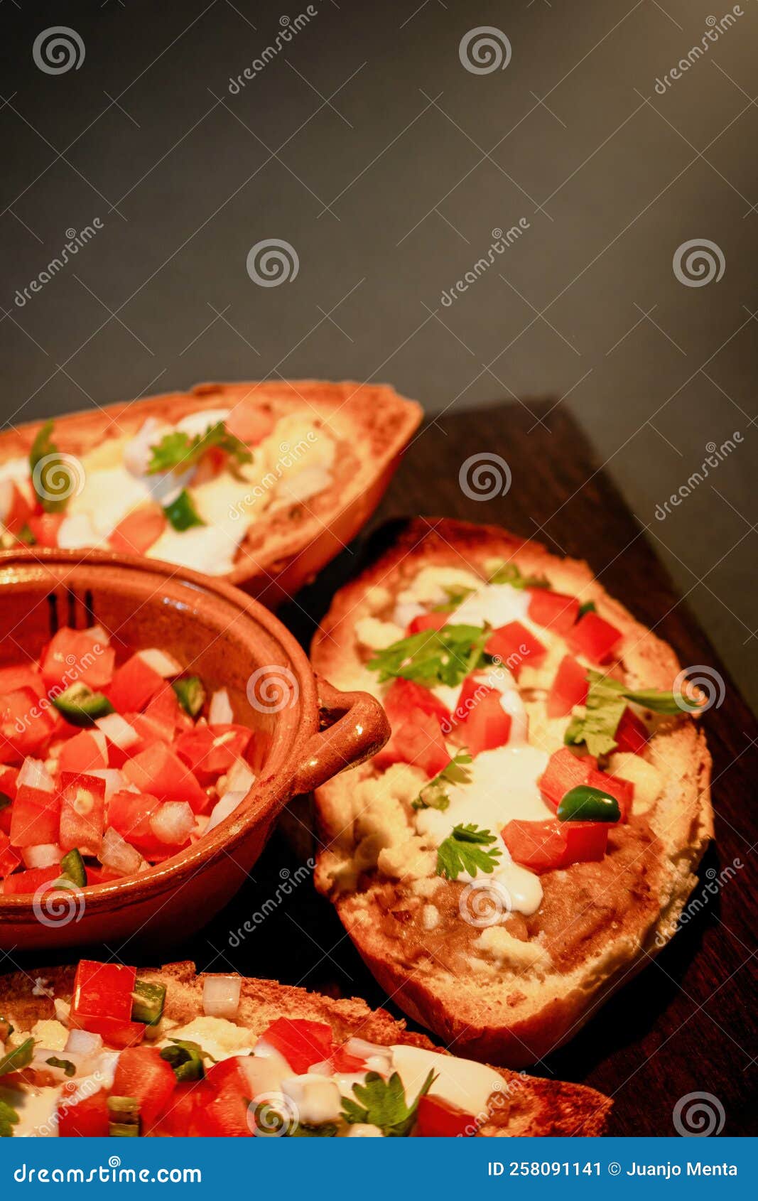 Mexican Molletes, Traditional Food with Bread, Beans, Cheese, Tomato ...