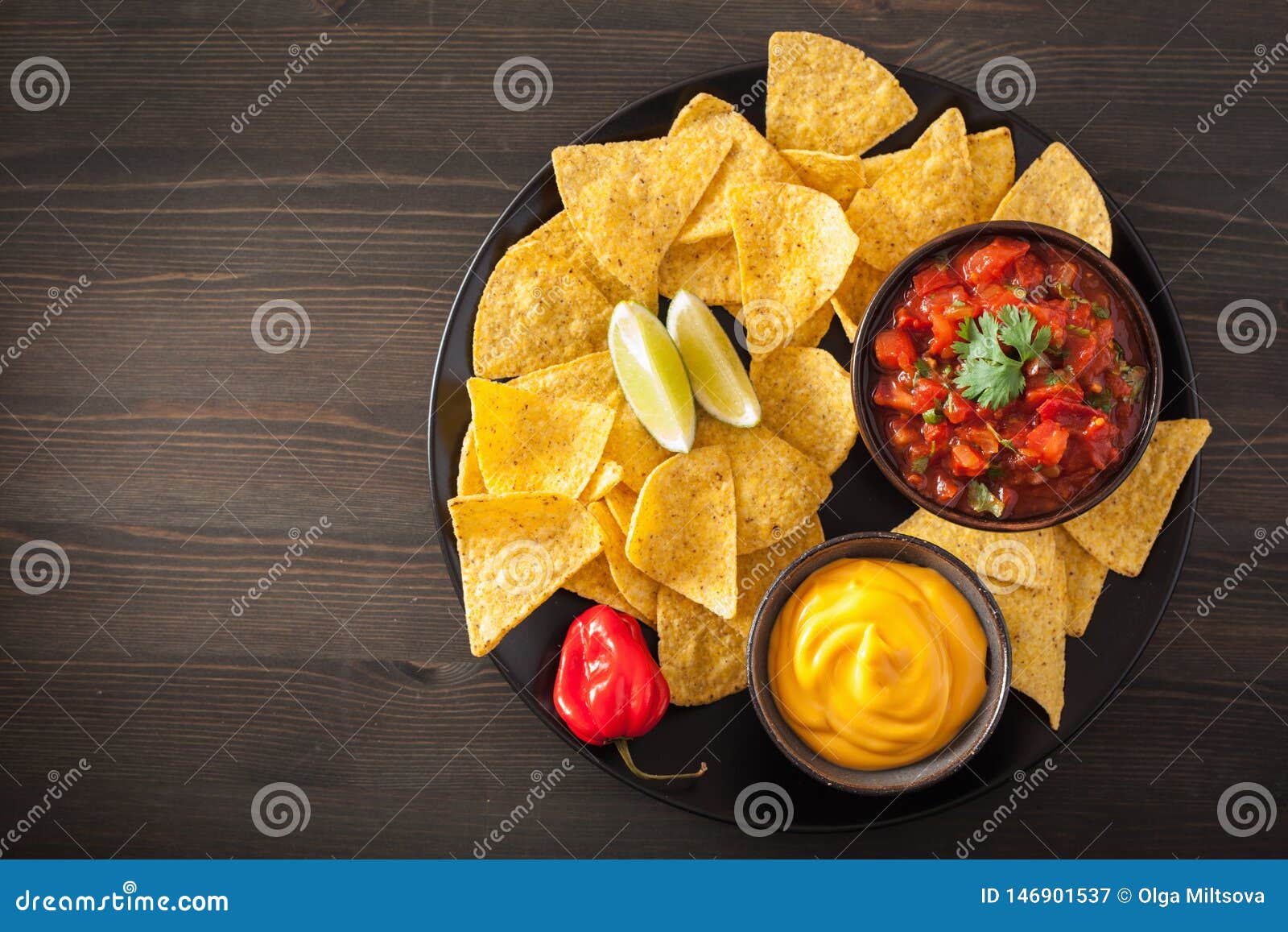 Mexican Nachos Tortilla Chips with Salsa and Cheese Dip Stock Image ...