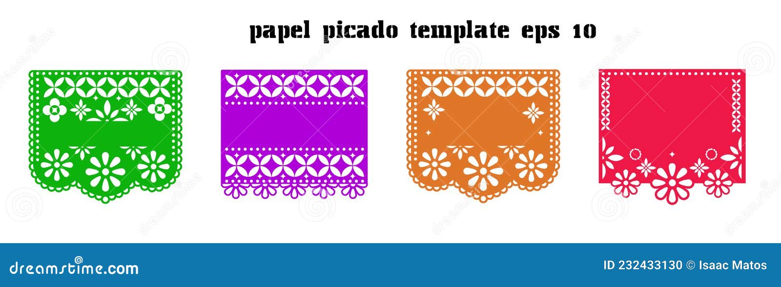 mexican papel picado  template.  of four colorful mexican traditional art s with blank text