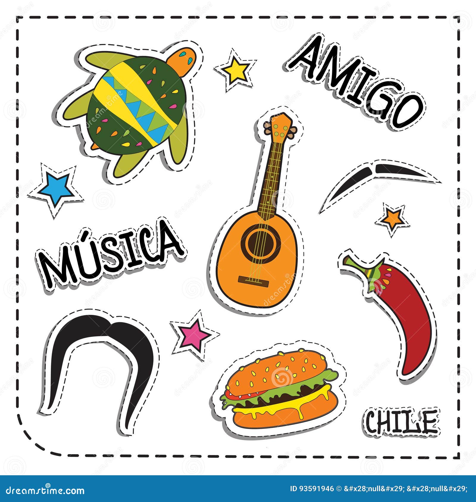mexican party sticker applique. mexico style.   set. musica means music. amigo means friend, chile