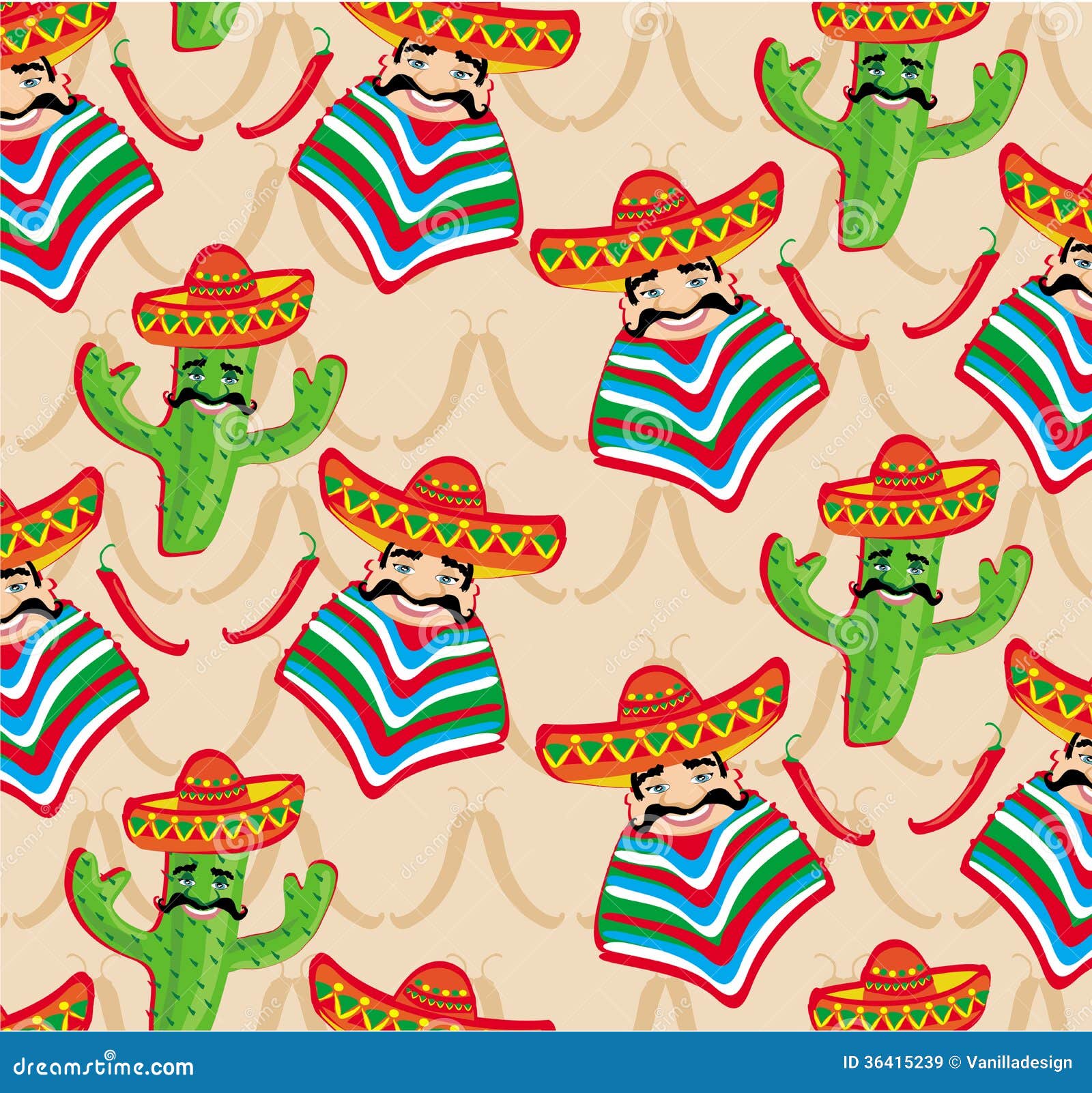 Mexican Pattern with Cactus, Hat and Chill Illustration Stock Vector