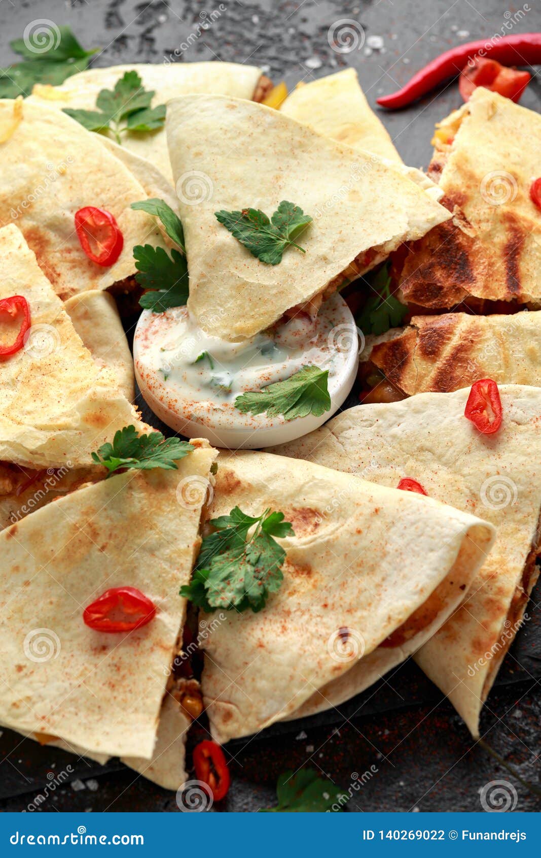 Mexican Quesadilla with Chicken, Cheese and Peppers, Yogurt Dip and