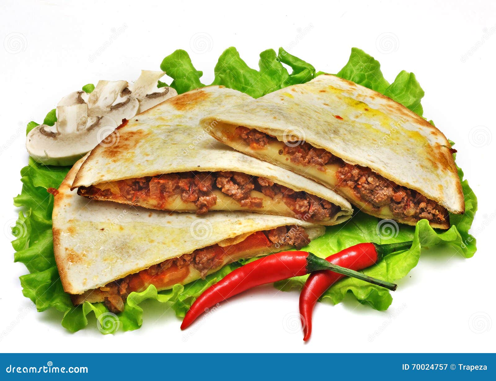 Mexican Quesadillas With Cheese, Vegetables And Salsa Isolated Stock