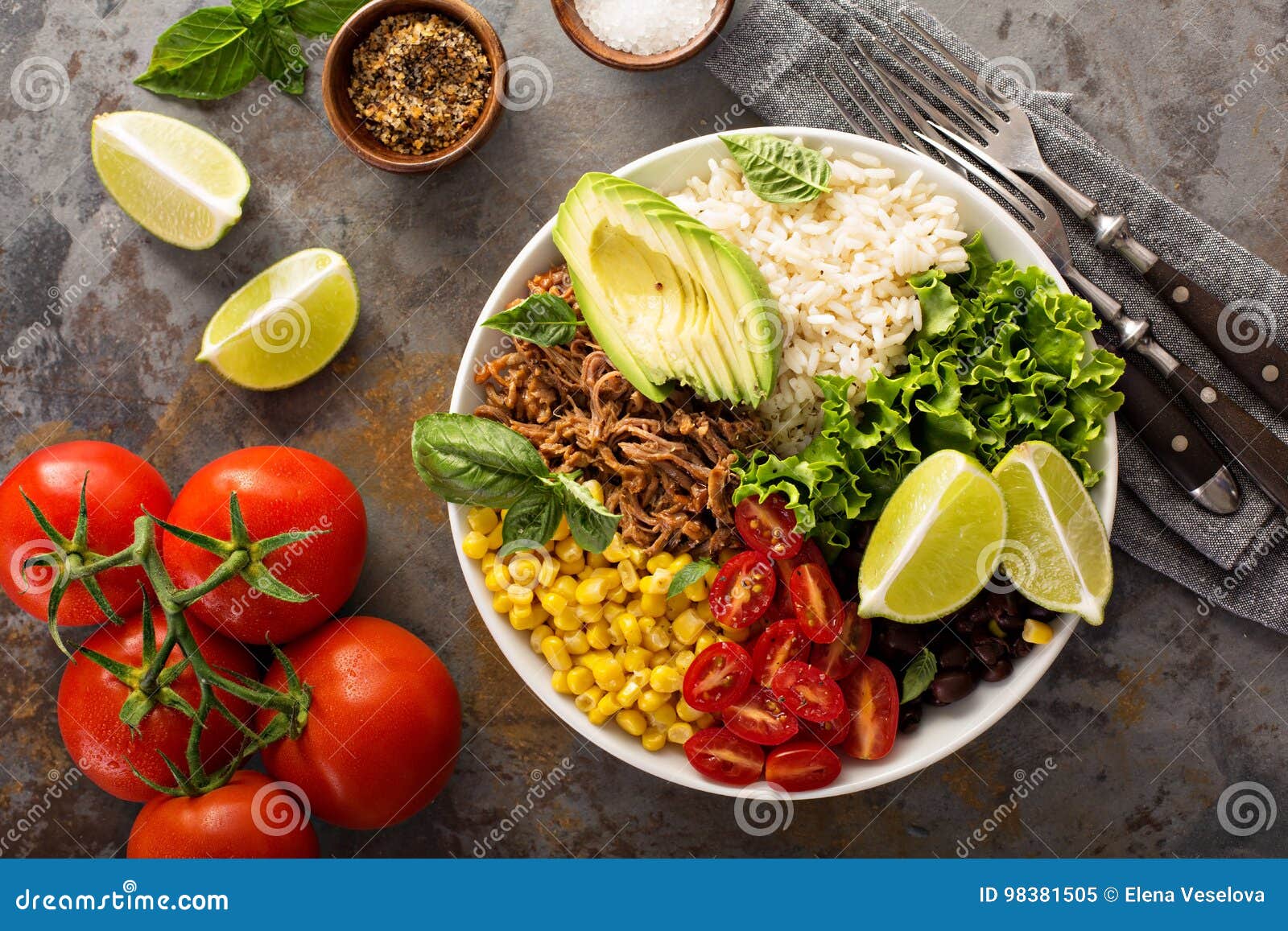 Mexican Salad Bowl with Rice and Pulled Pork Stock Image Image of