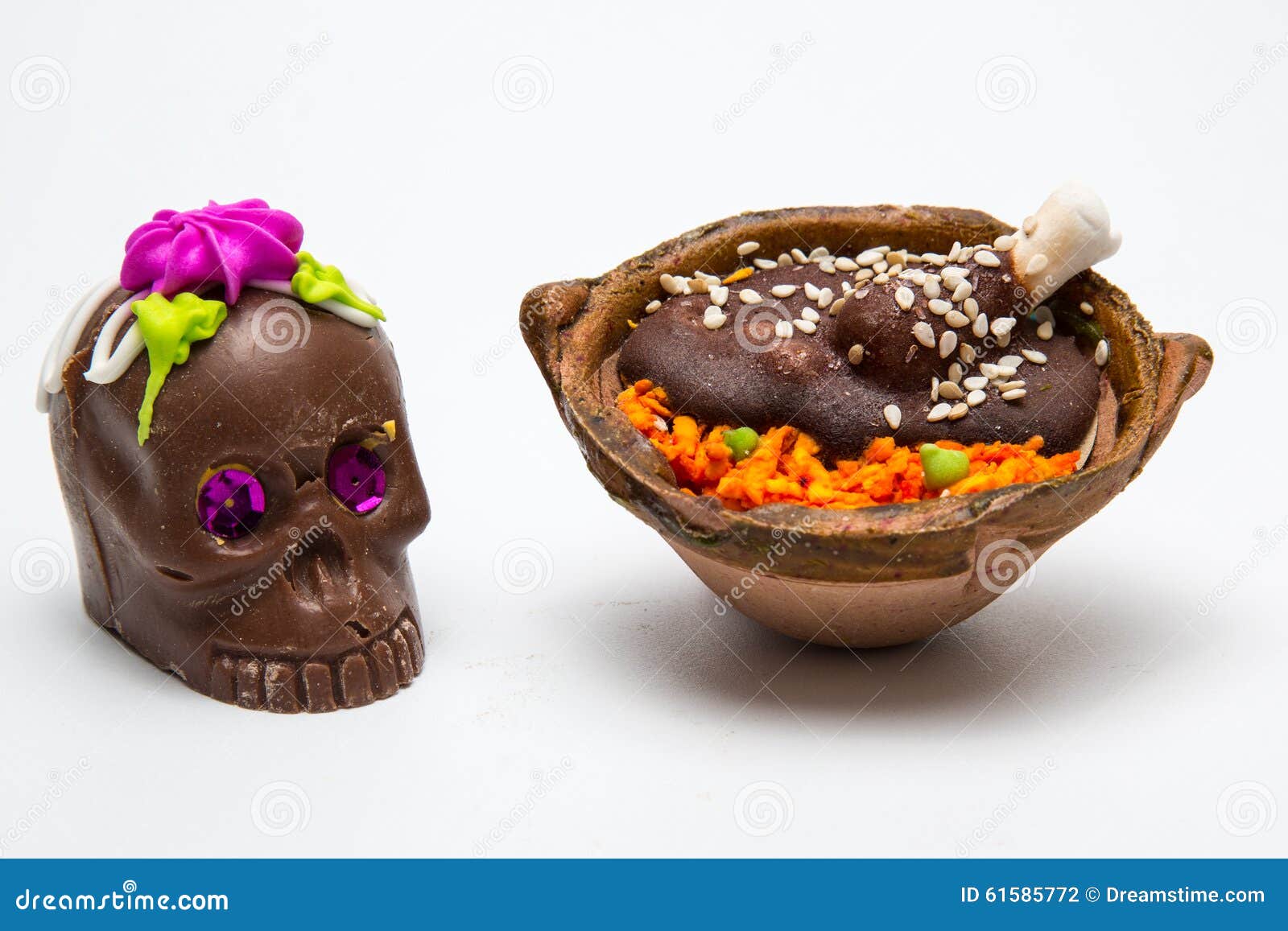 mexican small calaverita de azucar chocolate and pollo con mole candy