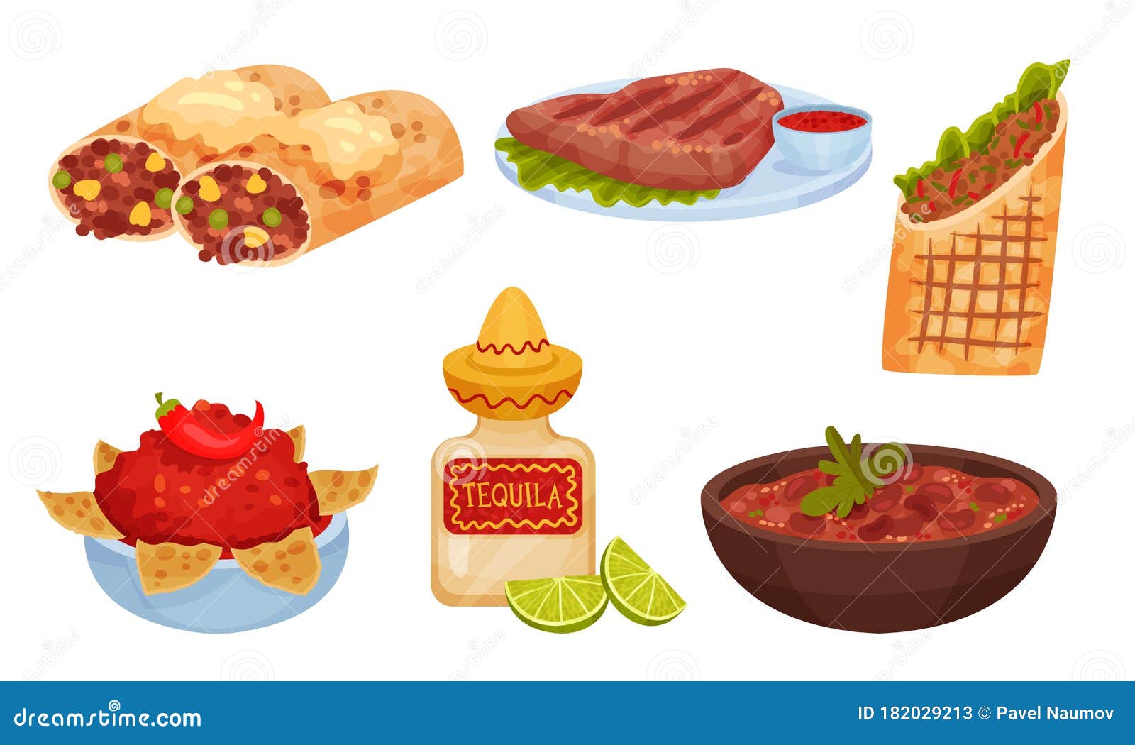 Mexican Snacks and Dishes Vector Set. Appetizing Traditional Courses