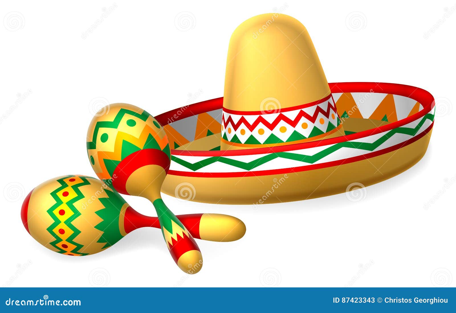 mexican sombrero hat and maracas shakers