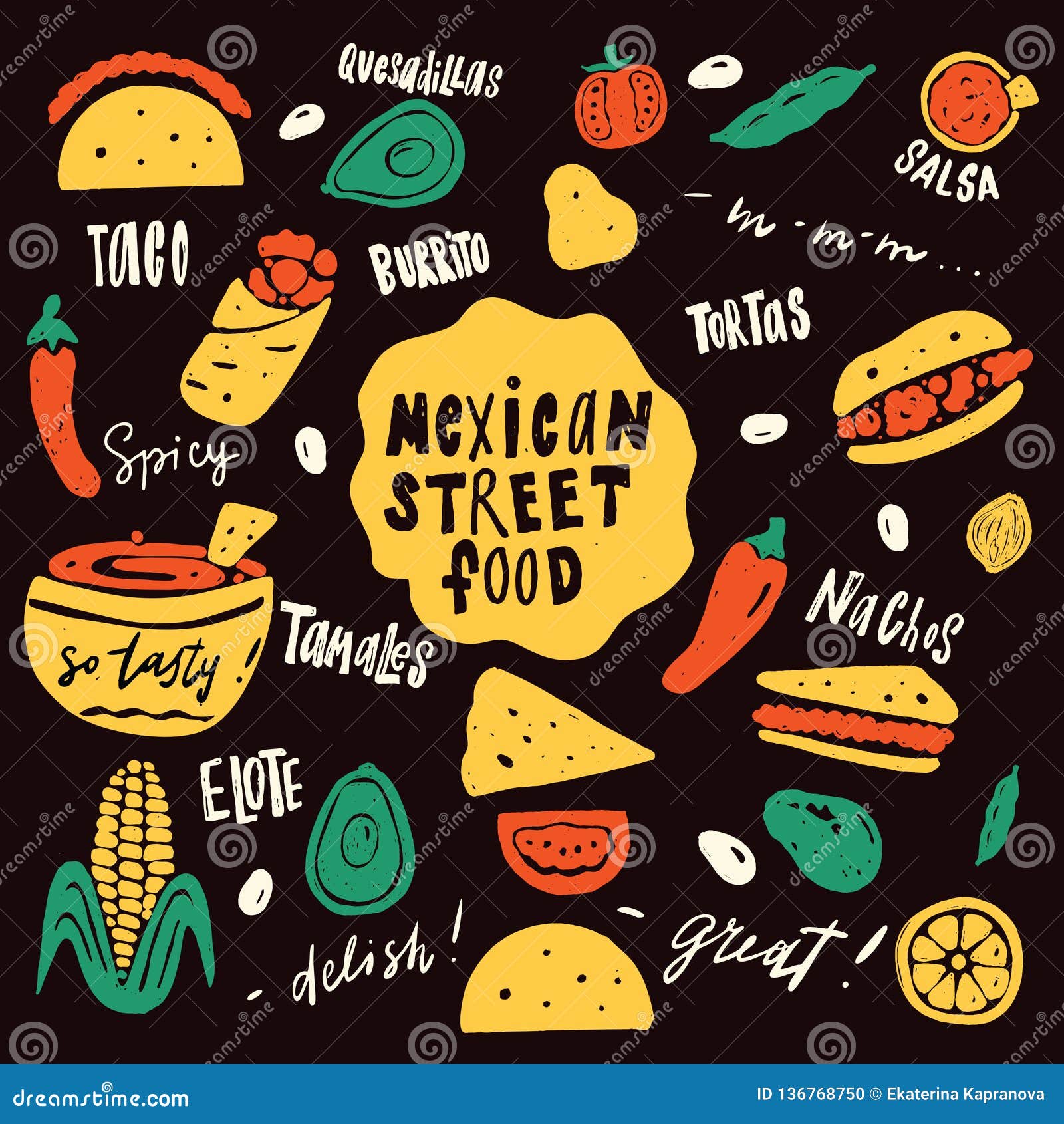 Mexican Street Food. Funny Hand Drawn Illustration with Food Elements