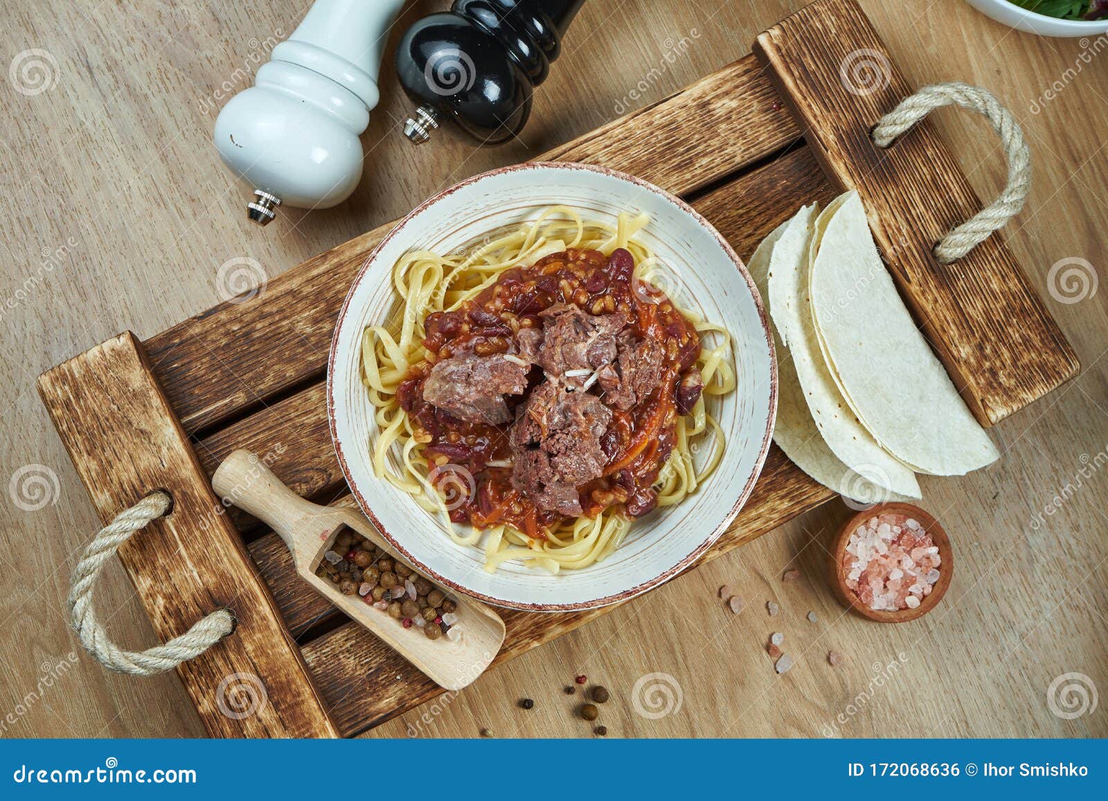 Mexican Style Noodles Corn Paste With Chili Con Carne Stewed Beef And Tacos In A Ceramic Plate Modern Mexican Cuisine Food Stock Photo Image Of Herb Cilantro 172068636