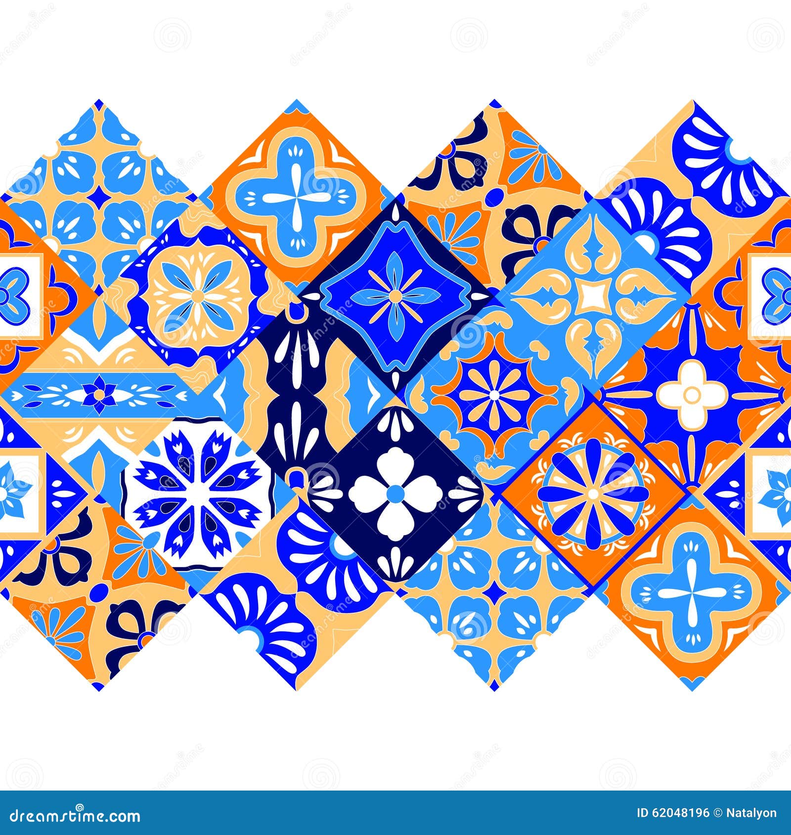 mexican stylized talavera tiles seamless border in blue orange and white, 