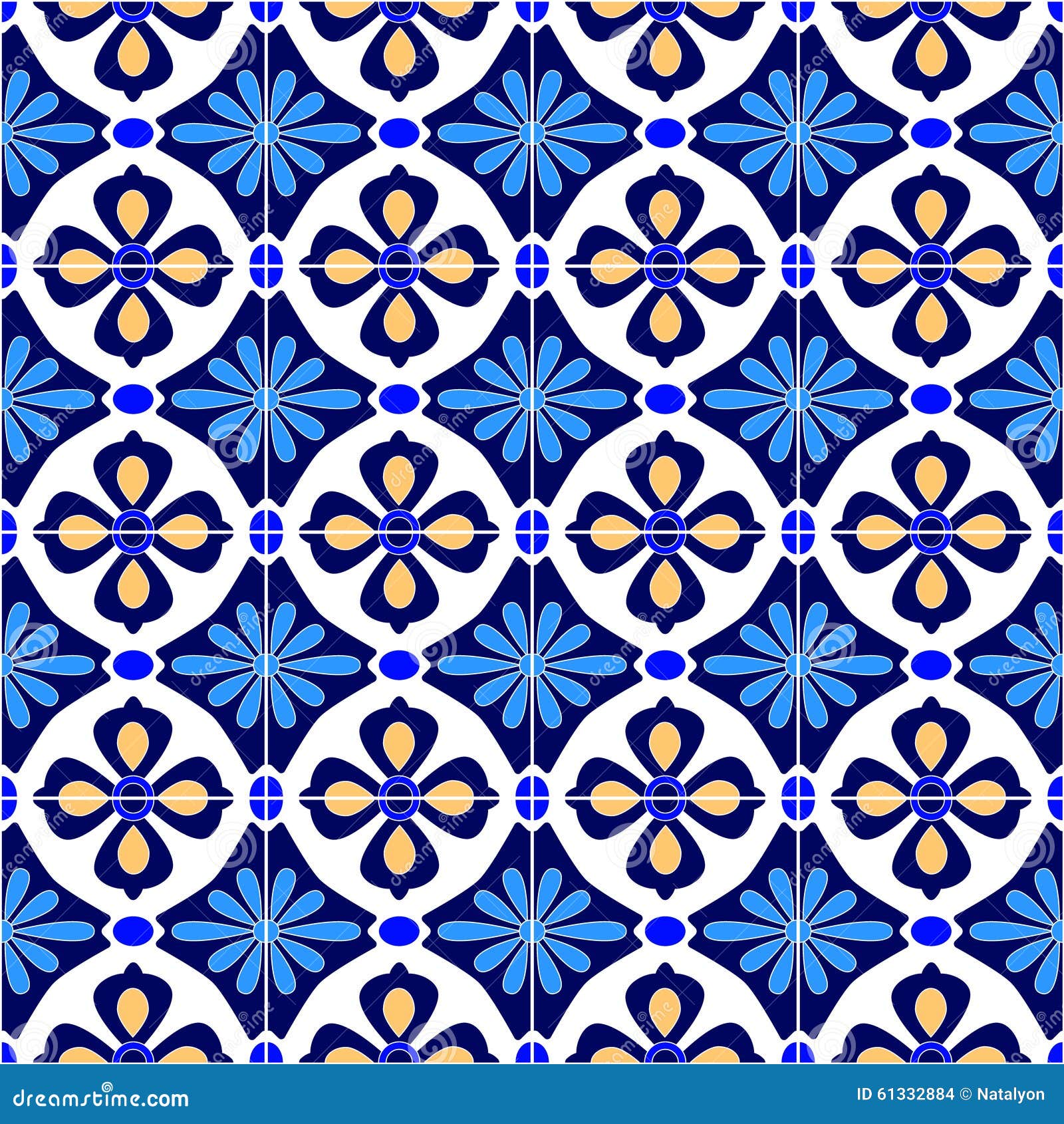 Mexican Stylized Talavera Tiles Seamless Pattern in Blue and White