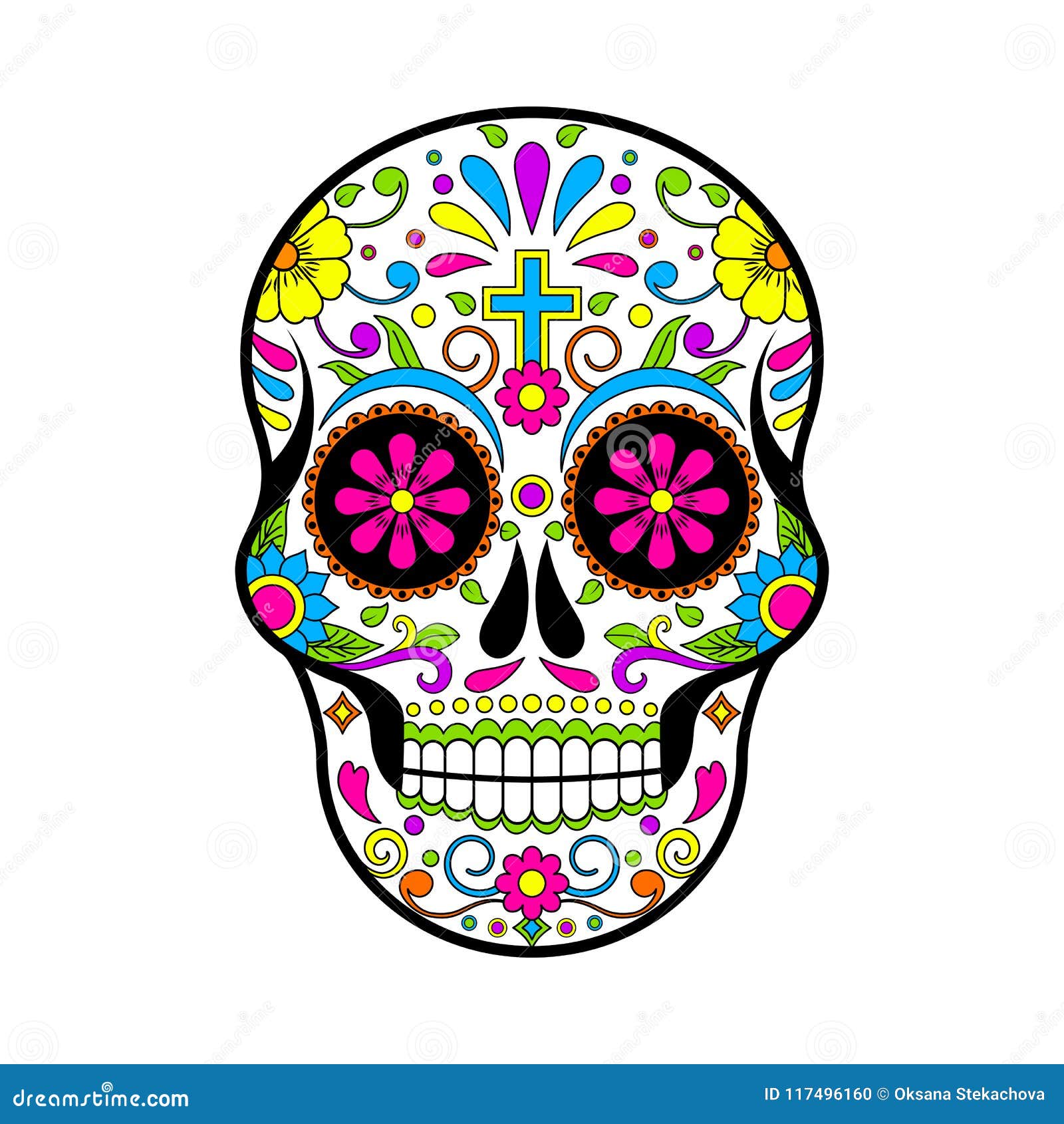 Mexican Sugar Skulls, Day Of The Dead Illustration On White Background
