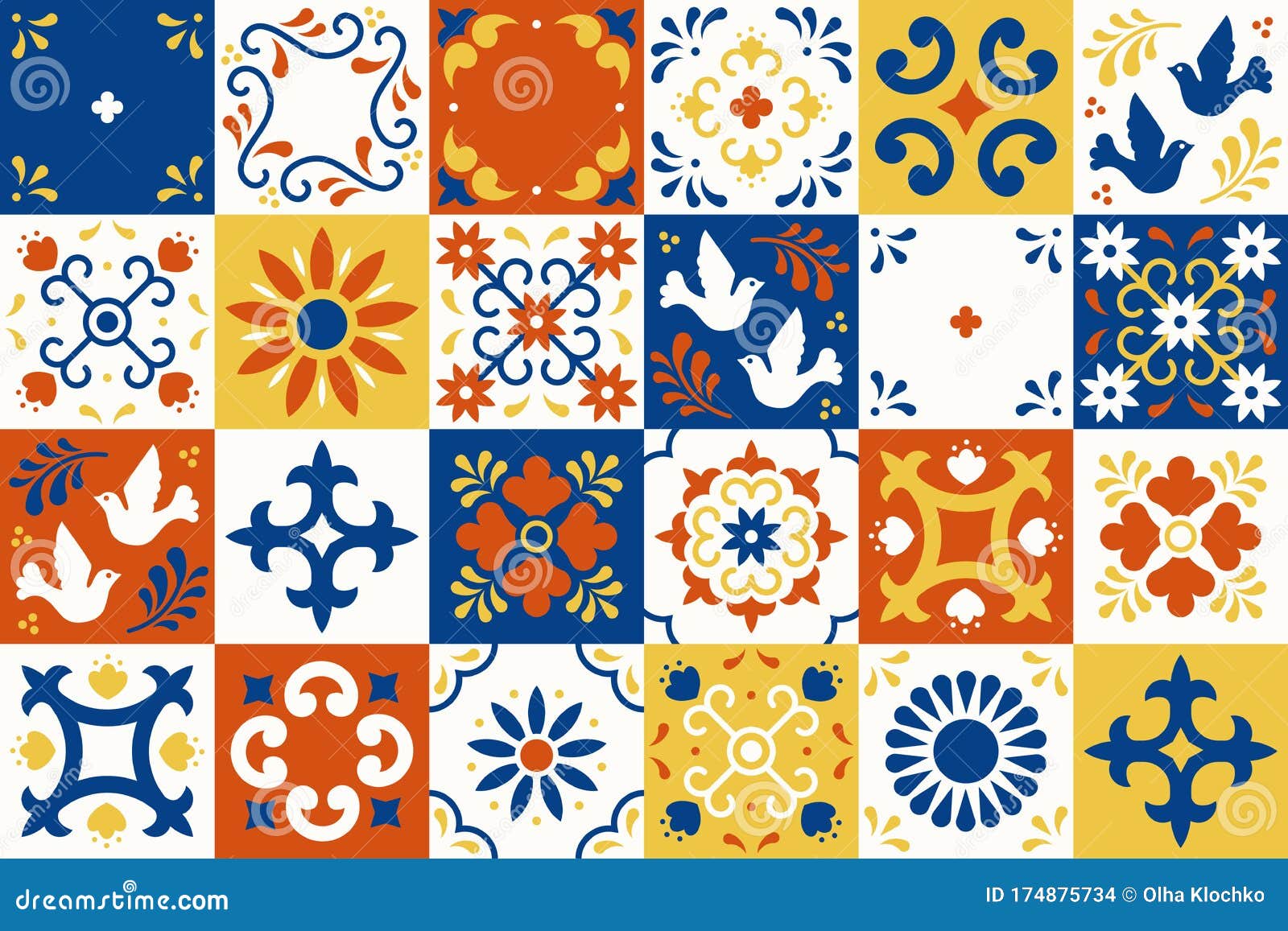 mexican talavera pattern. ceramic tiles with flower, leaves and bird ornaments in traditional majolica style from puebla