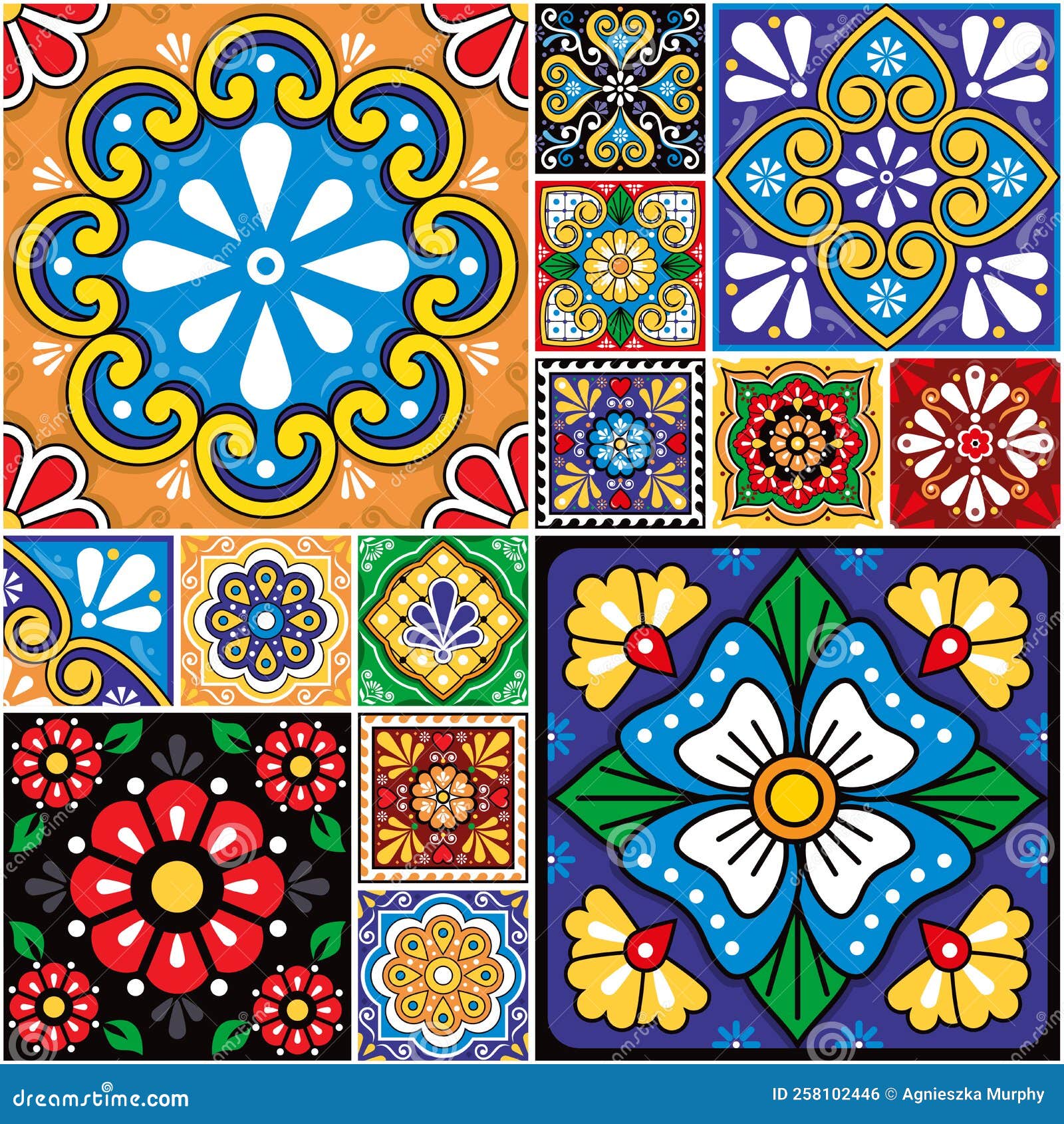 Mexican Talavera Ceramic Tiles Style Vector Seamless Pattern Collection