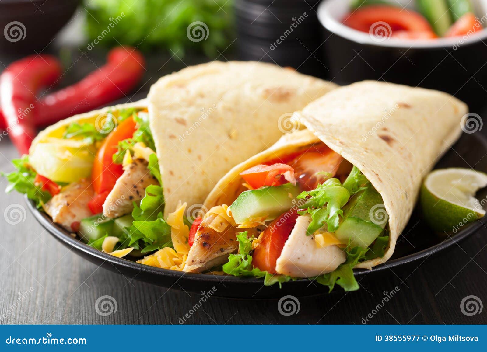 Mexican Tortilla Wrap with Chicken Breast and Vegetables Stock Image