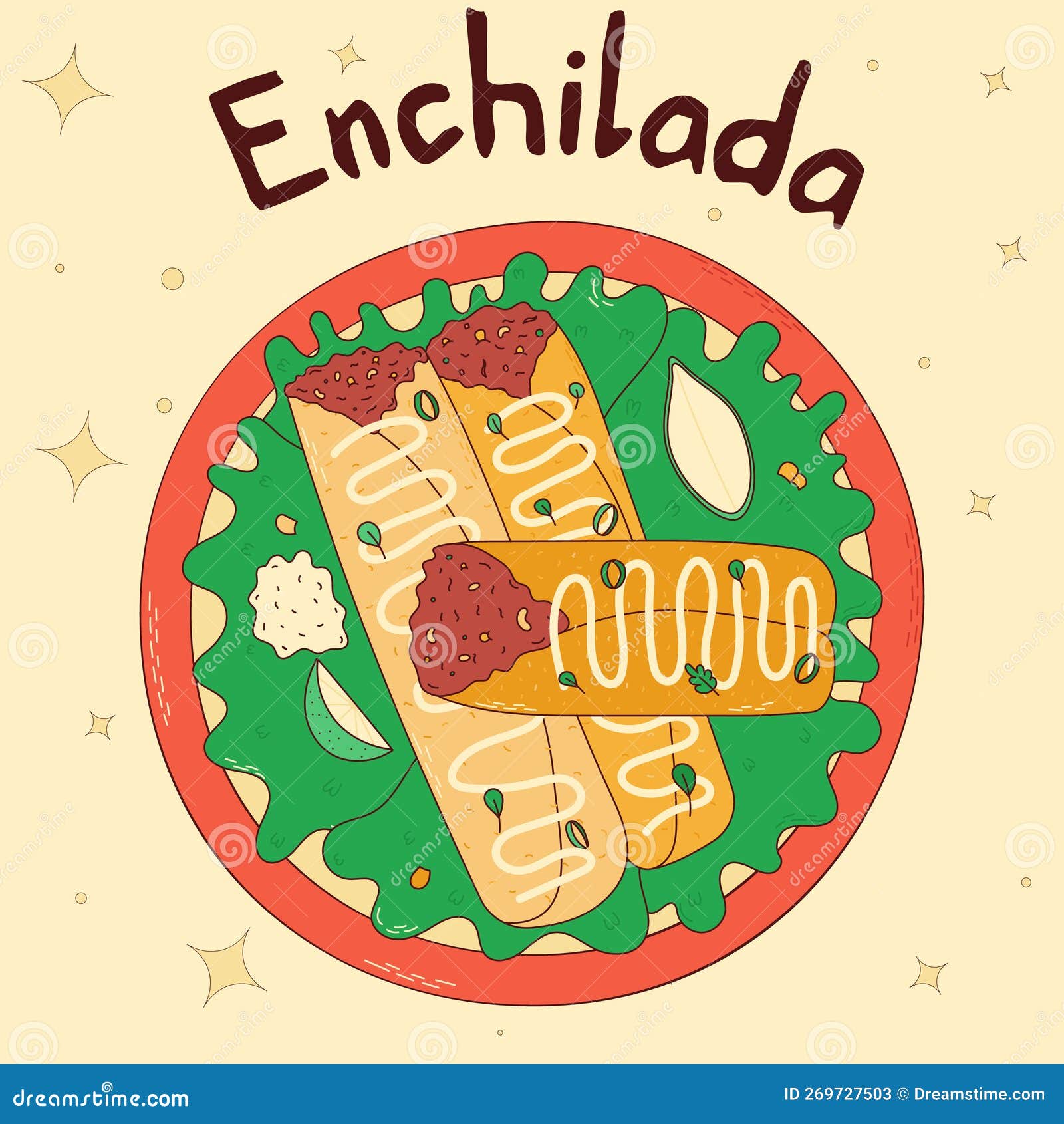 Mexican Traditional Food. Enchilada. Vector Illustration In Hand Drawn