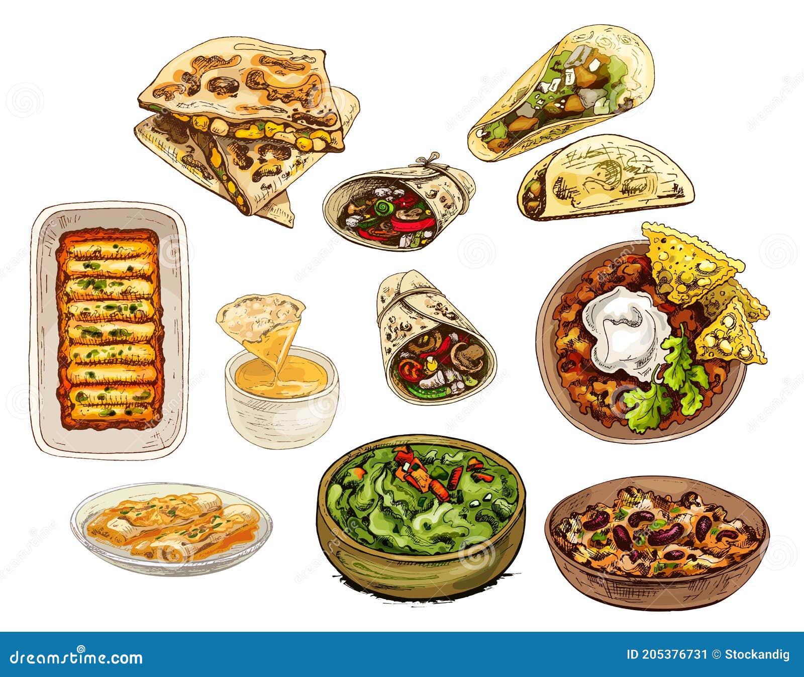 mexican traditional food set with text message, burrito, tacos, chili, tomato, nachos.