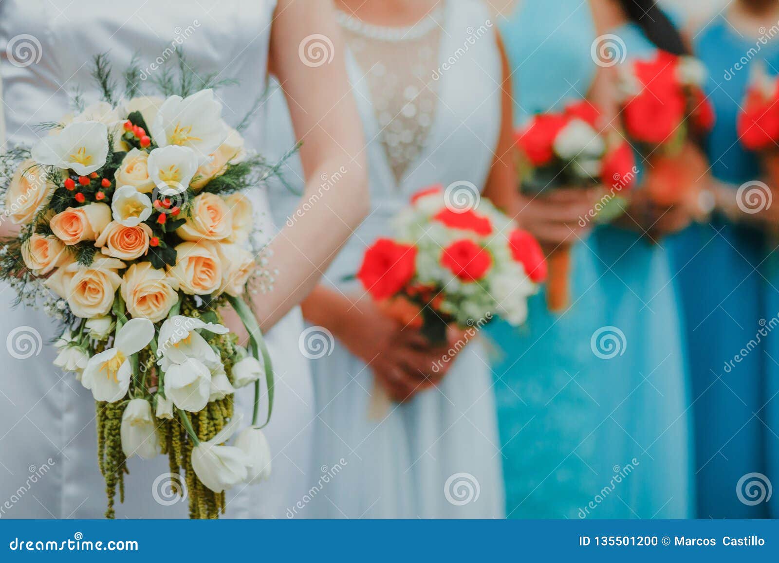 mexican wedding bouquet of flowers in the hands of the bride in mexico city