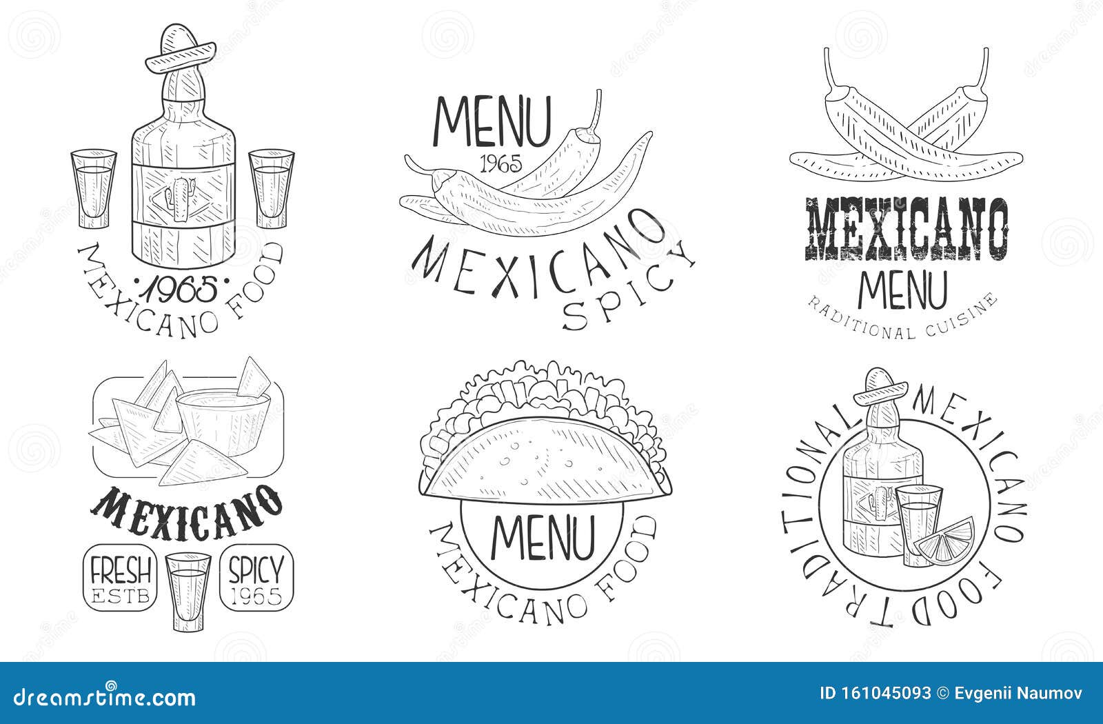 mexicano food hand drawn retro labels set, traditional spicy menu monochrome badges  