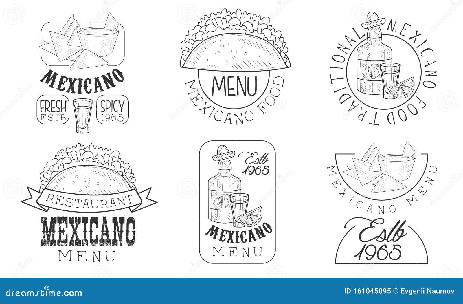 mexicano menu hand drawn retro labels set, traditional fresh and spicy food monochrome badges  