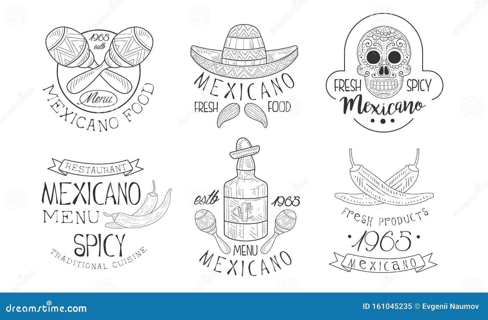 mexicano menu traditional spicy cuisine hand drawn retro labels set, fresh mexicano food monochrome badges 