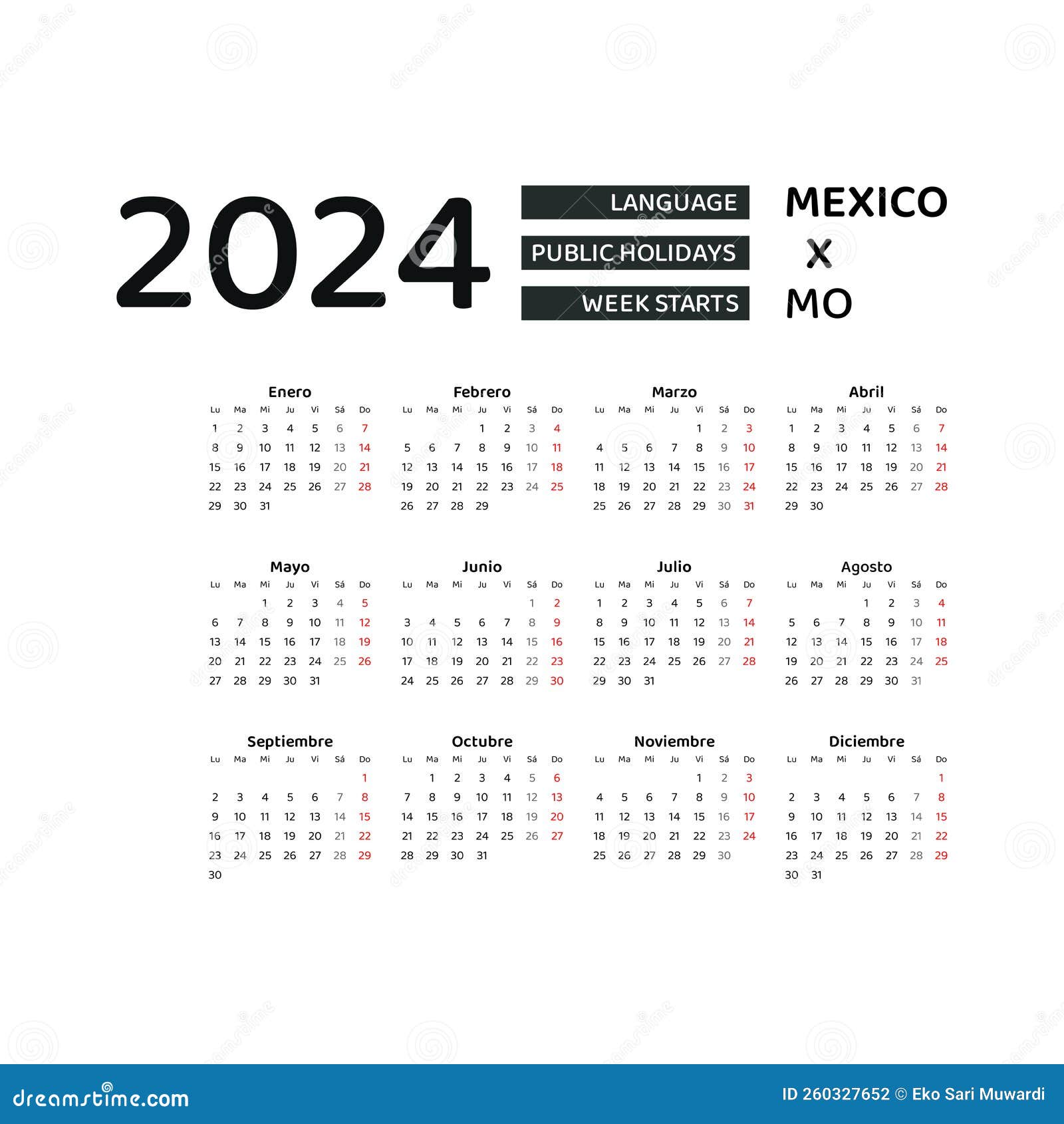 Mexico Calendar 2024. Week Starts from Monday. Vector Graphic Design