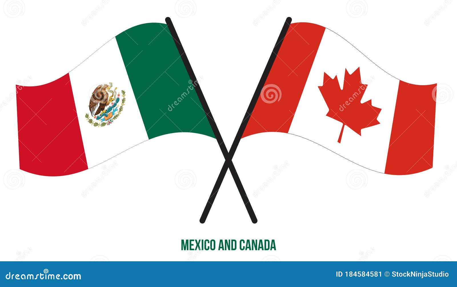 Mexico and Canada Flags Crossed and Waving Flat Style. Official