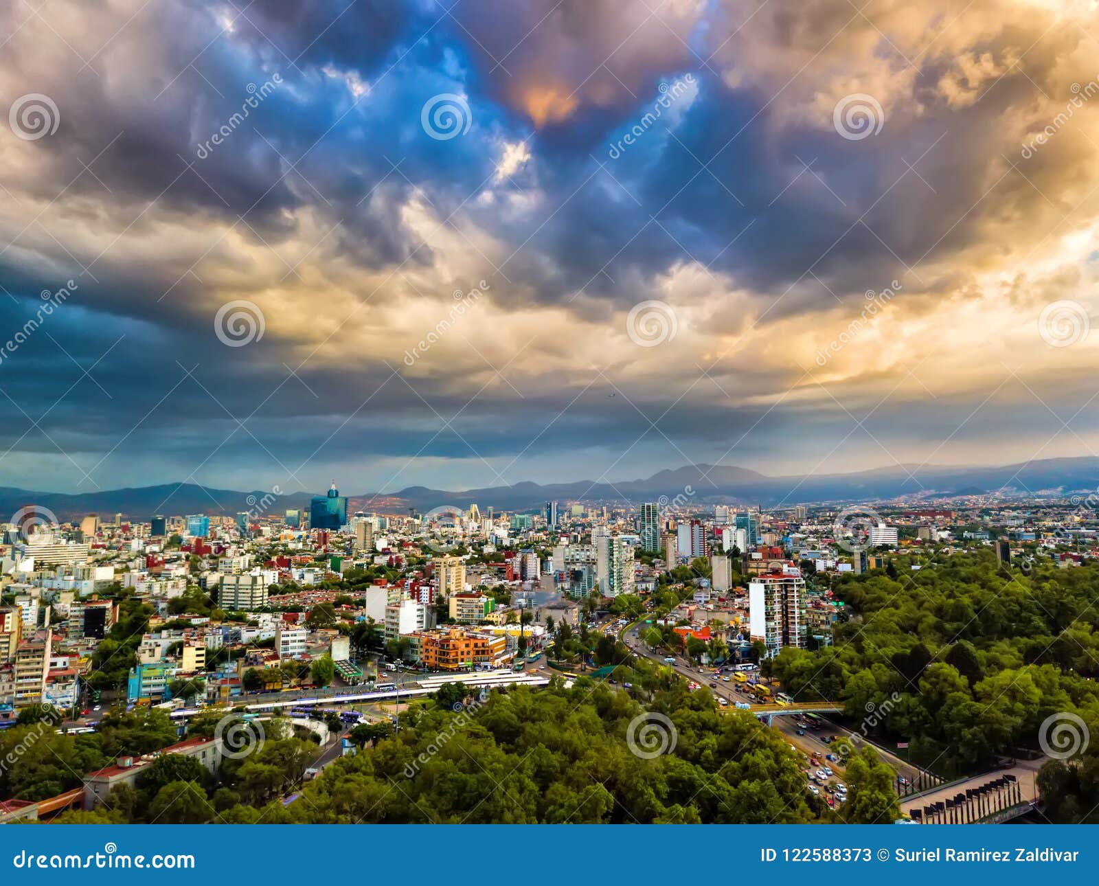 mexico city - aerial panoramic view - sunset