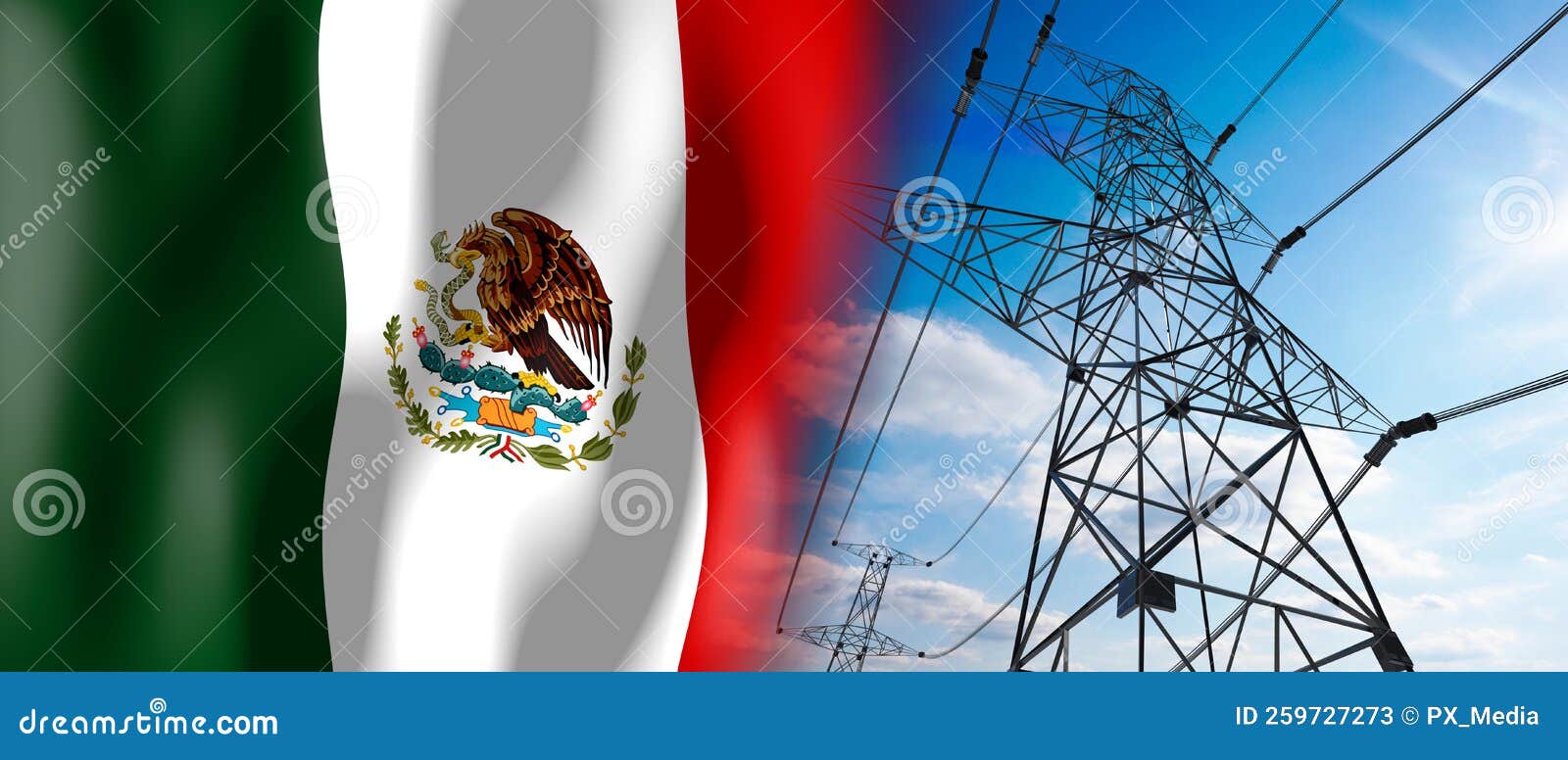 Mexico Country Flag and Electricity Pylons 3D Illustration Stock
