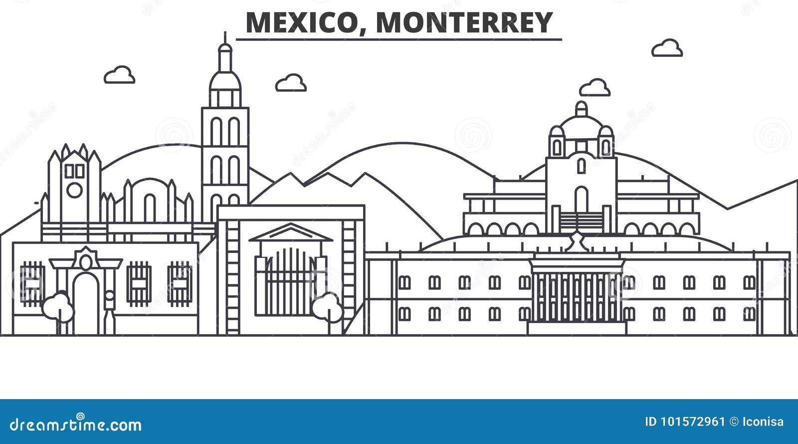 mexico, monterrey architecture line skyline . linear  cityscape with famous landmarks, city sights