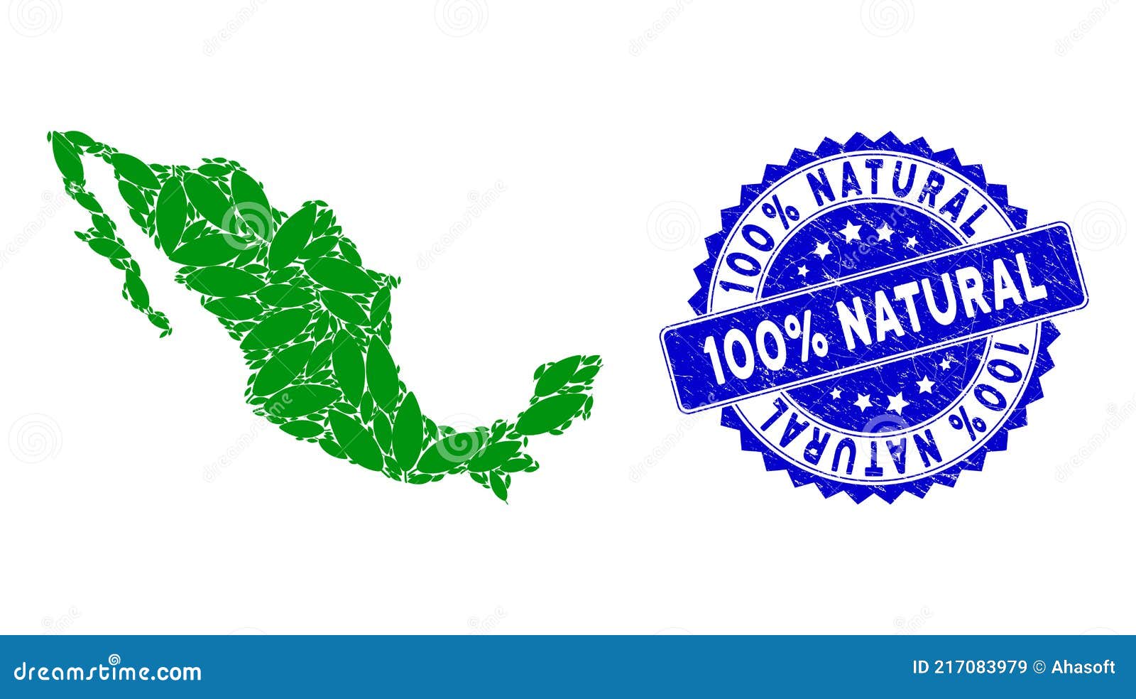 Mexican Map Collage of Coca Leaf Items and Grunge 100 Percent Natural